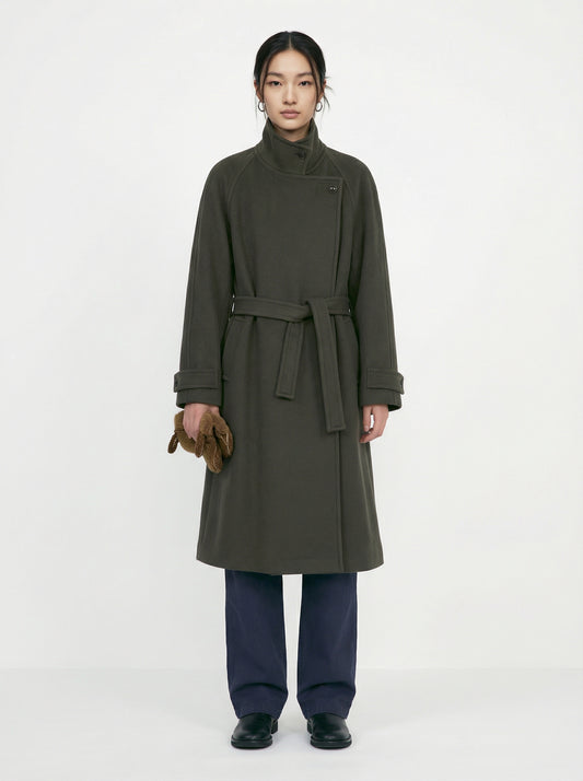 [Low Classic] Soft Wool Twill Wrap Coat (Khaki)