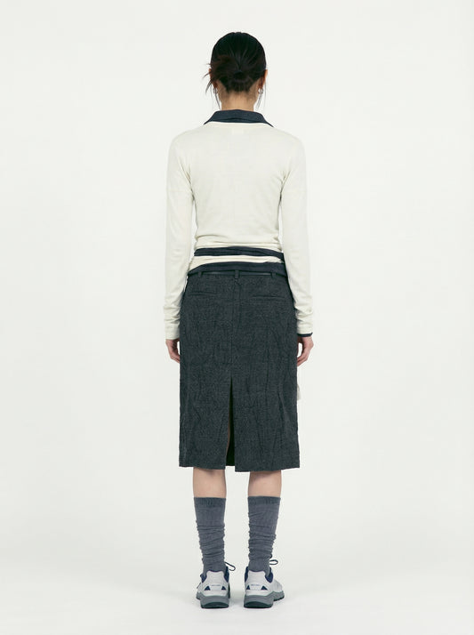[Low Classic] Crumpled Wool H-Line Skirt (Tweed Check Grey)