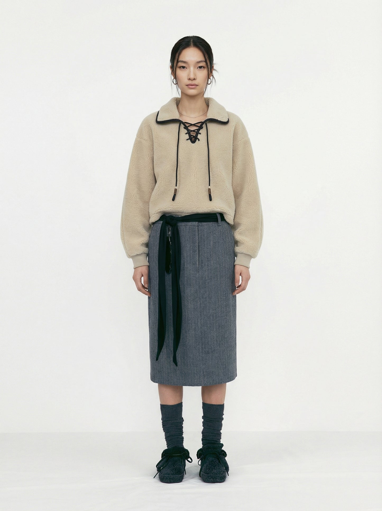 [Low Classic] Stripe Wool H-Line Skirts (Multi Striped Grey)