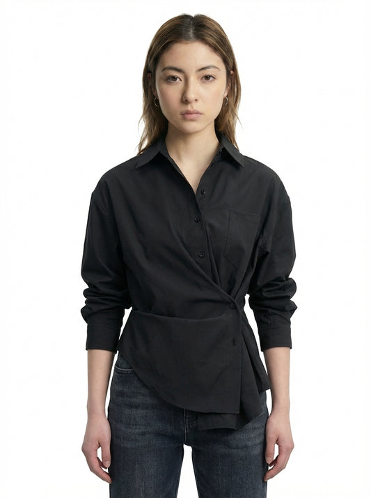 [General Idea] Wrinkle-Free Loose Fit Button Wrap Shirt (Black)